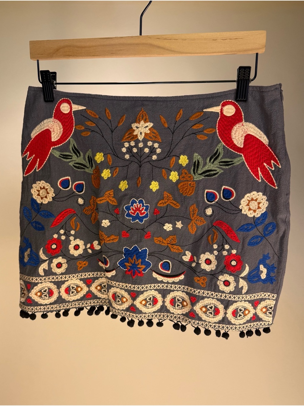 Umgee Navy Mini Skirt with Red Bird & Multicolor Embroidery - Picture 2 of 3